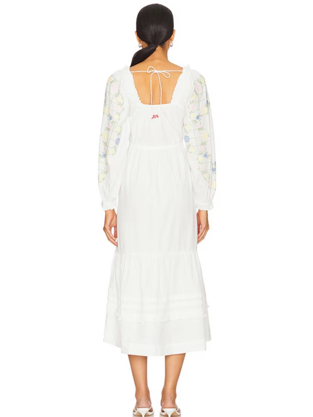 Embroidered White Midi Dress with Puff Sleeves